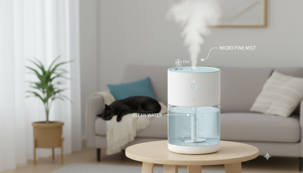 ハイブリッド式加湿器があるリビングでくつろぐ黒猫