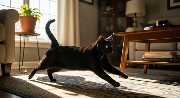 部屋を走る黒猫