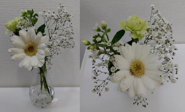 Liteサイズグリーンと白のブーケを花びんに生けた状態