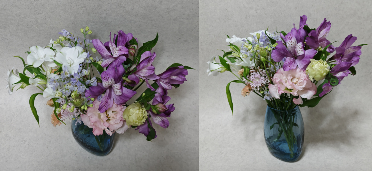 03/22到着分に入っていた白のアルストロメリアと04/05到着分に入っていた紫のアルストロメリアやデルフィニウムを一緒に