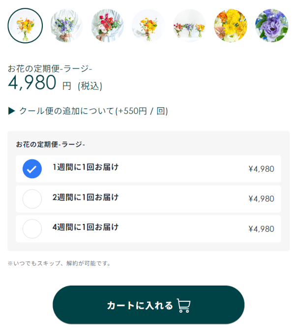 アンドプランツお花の定期便サイズお届け頻度選択画面